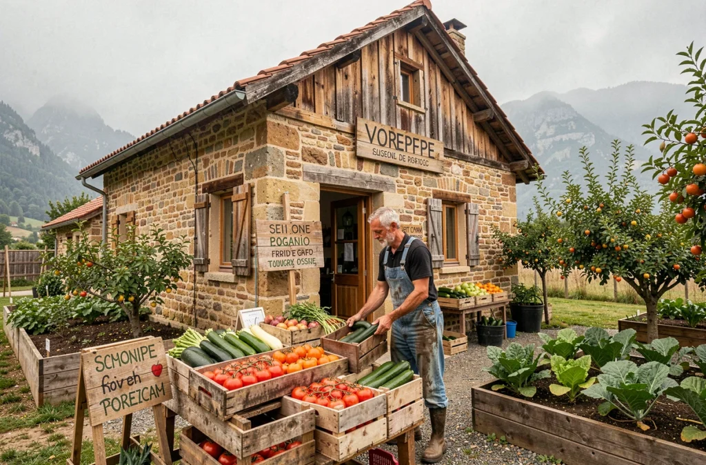 Devanture en pierre de La Ferme des Saveurs à Voreppe avec des caisses de légumes bio frais et vue sur le plateau du Vercors