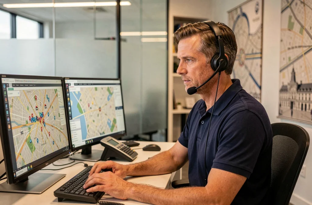 Opérateur de dispatch G7 Taxis au centre de coordination parisien, gérant en temps réel les courses de taxis franciliens sur plusieurs écrans