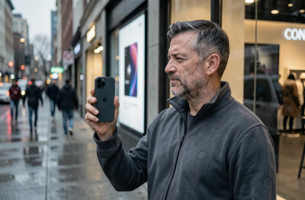 Homme comparant l'écran LCD de l'iPhone 16e avec un écran vitrine en milieu urbain sous la pluie