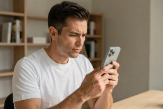 Homme tenant un iPhone 16e et examinant l'écran LCD dans un bureau minimaliste moderne