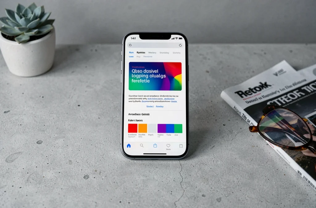 iPhone 16e en vue de dessus sur béton avec magazines tech, écran LCD allumé affichant une page web colorée