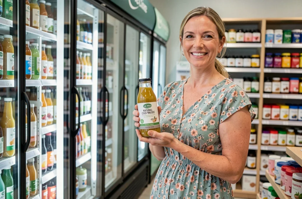 Cliente tenant une bouteille de jus bio pressé à froid devant le rayon boissons naturelles de La Vie Claire à Grenoble