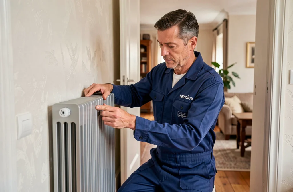 Professionnel Lemoine Plomberie Chauffage réglant un radiateur dans un salon