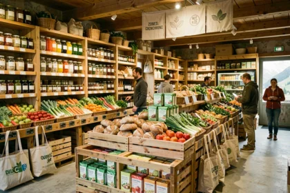 Vue intérieure panoramique d'un magasin bio en Isère avec rayons de produits naturels colorés et décorations en bois