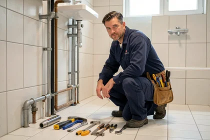 Plombier professionnel en intervention d'urgence dans une salle de bain moderne dans la Marne
