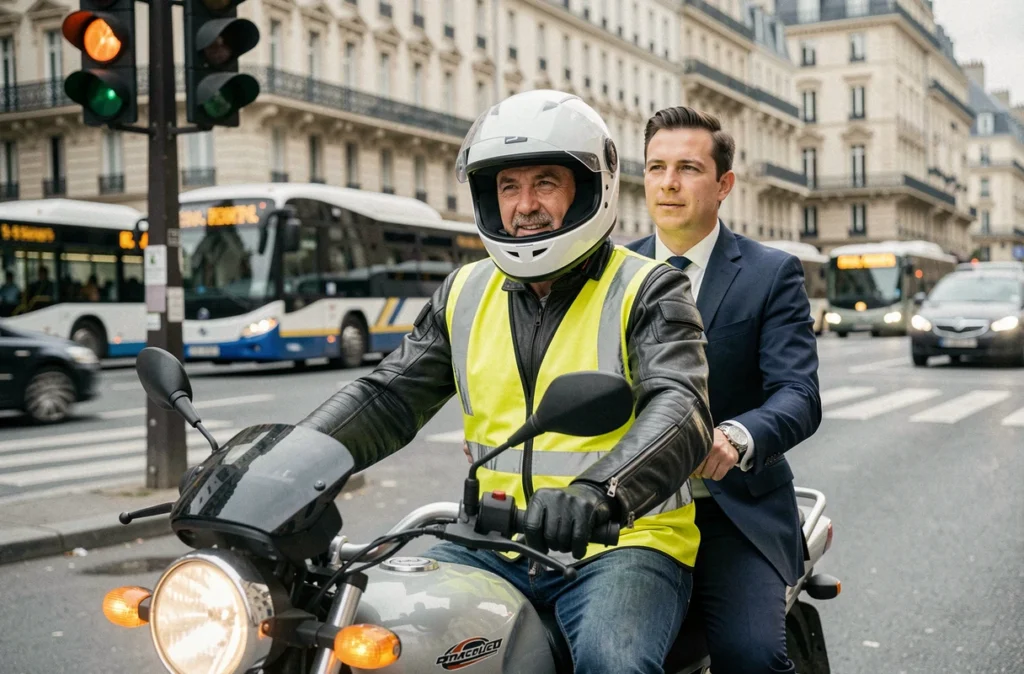 Pilote de Motocab en veste réfléchissante jaune et passager en costume arrêtés à un feu parisien, service de taxi moto pour trajets urgents
