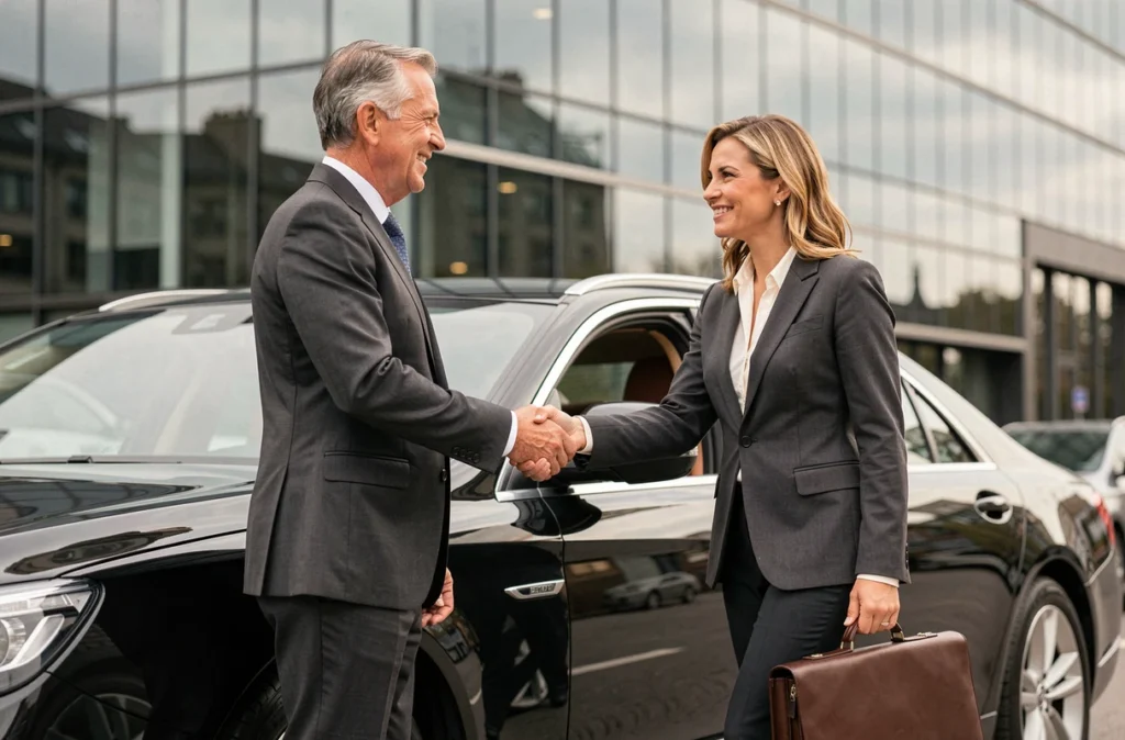Chauffeur Paris Cab en costume charbon saluant une cadre d'entreprise devant un immeuble de bureaux moderne à Paris, service de chauffeur dédié à la journée