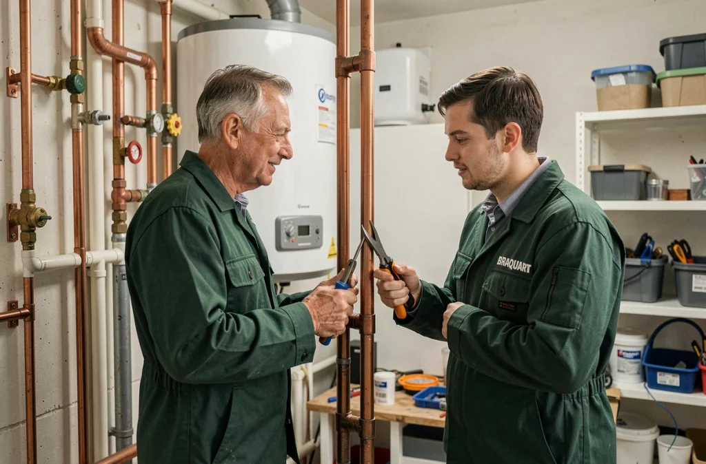 L'équipe de Sas Braquart et Fils travaillant ensemble sur une installation de plomberie