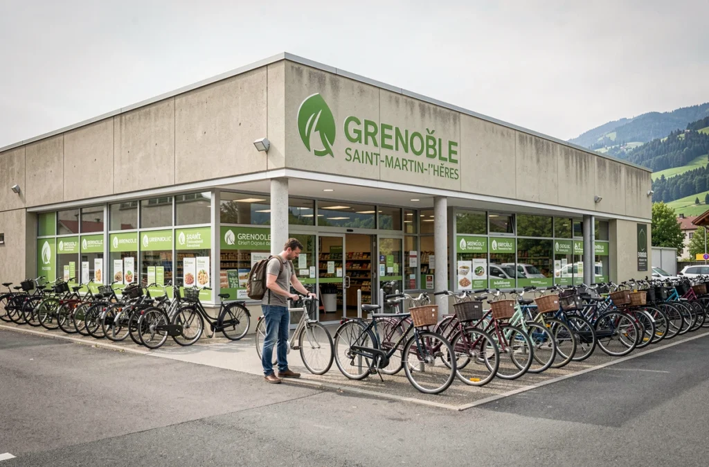 Façade extérieure du magasin bio Satoriz à Saint-Martin-d'Hères avec parking vélos et décor montagnard en arrière-plan