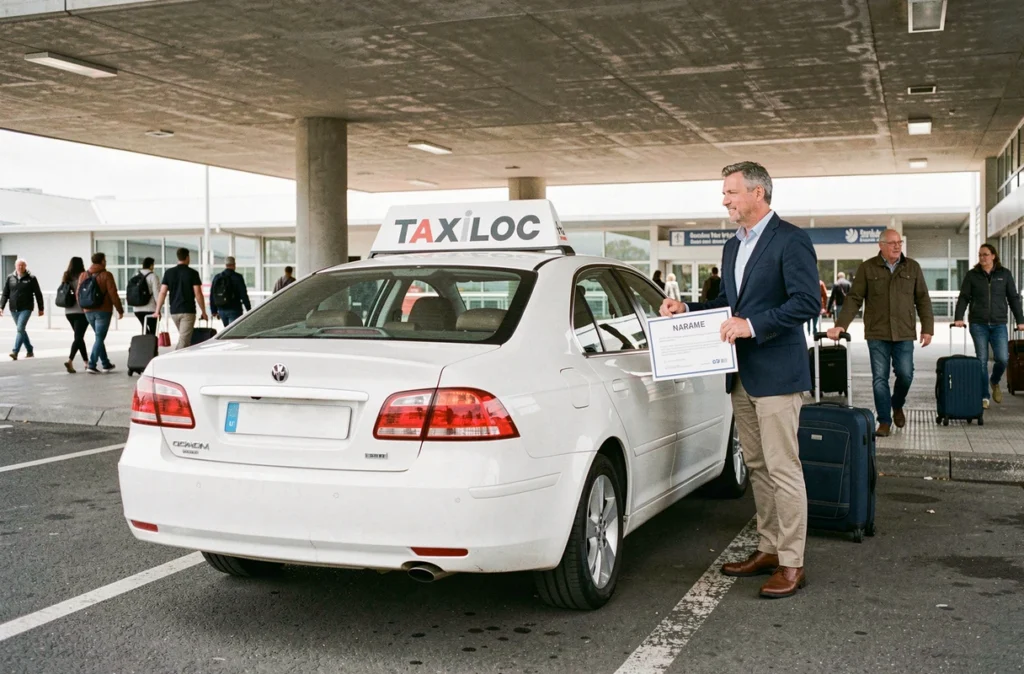 Chauffeur Taxiloc tenant un panneau d'accueil dans la zone de dépose rapide d'un aéroport parisien pour un transfert à tarif maîtrisé
