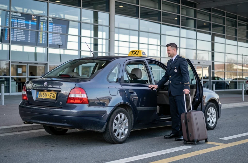 Chauffeur Taxis Bleus en uniforme accueillant une passagère à la porte d'un terminal d'aéroport parisien, dans une zone de taxis conventionnés
