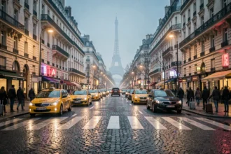 Vue large d'une rue parisienne animée avec plusieurs taxis alignés devant des immeubles haussmanniens, illustrant le secteur des taxis en Île-de-France