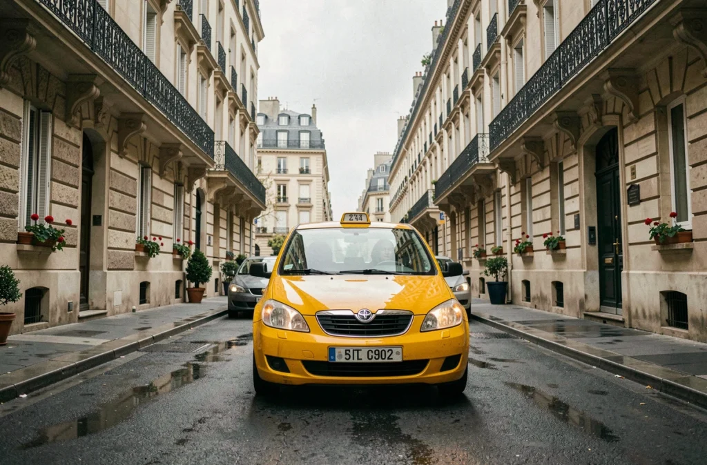 Taxi jaune des Taxis Inter circulant dans une rue étroite entre deux arrondissements parisiens, illustrant leur couverture multiarrondissement