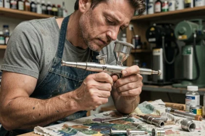 Artiste professionnel inspectant un aérographe Iwata Master d'occasion dans son atelier, examinant l'usure et l'état de l'outil